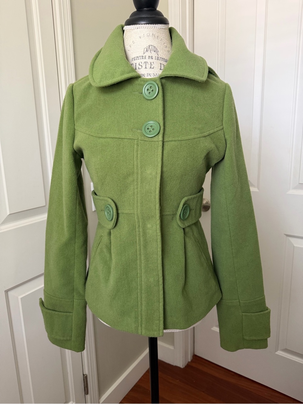 BB Dakota Green Pea Coat with Button Waist Tabs